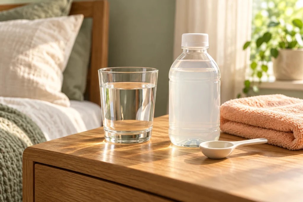 水の入ったグラスとスプーン、補水用ボトルの静物