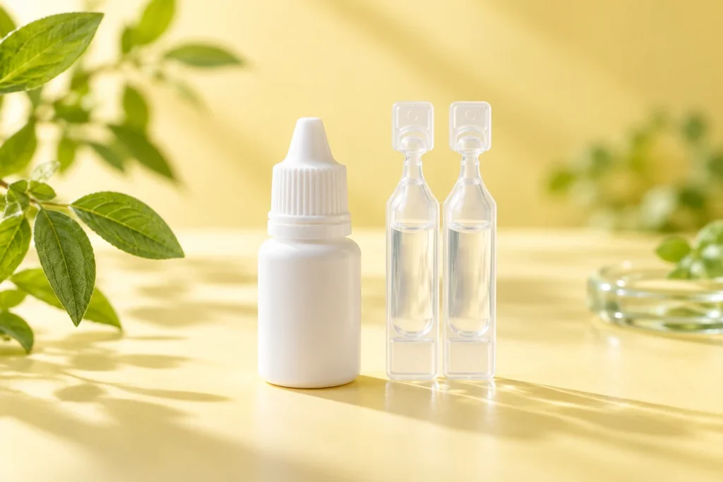 点眼ボトルと1回使い切り容器を並べた製剤の違いのイメージ