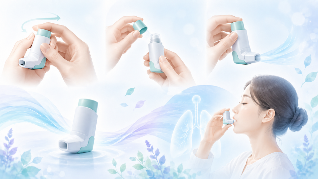 ブデホル吸入粉末剤の使い方をイメージした、吸入器の操作と吸入手順のイラスト