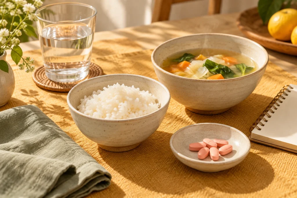 ご飯と野菜スープ、水と錠剤を並べた食後服用のイメージ