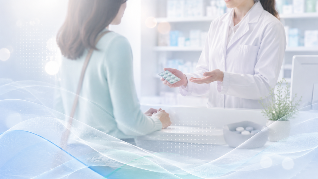 不整脈症状について服薬指導する薬剤師のイメージ