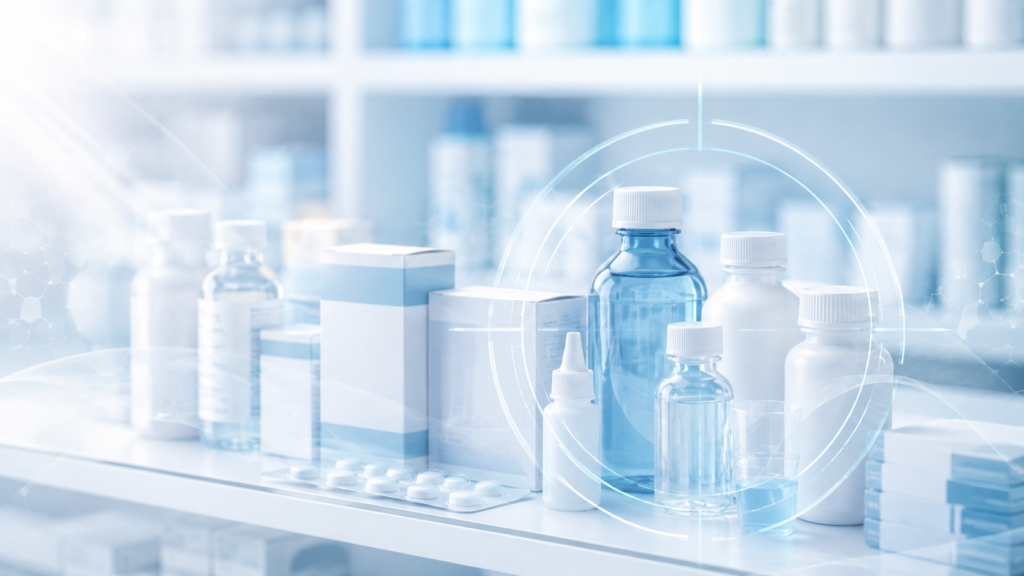 自主回収対象となった複数の内用液剤を確認する薬剤師