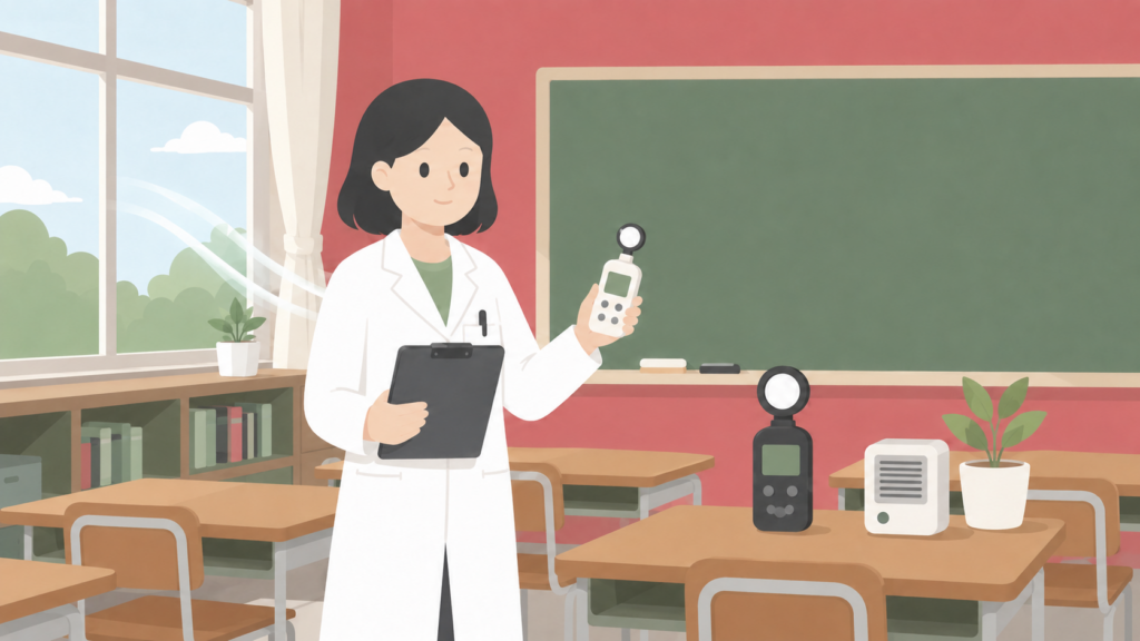学校薬剤師が教室で学校環境衛生検査を行うイメージ