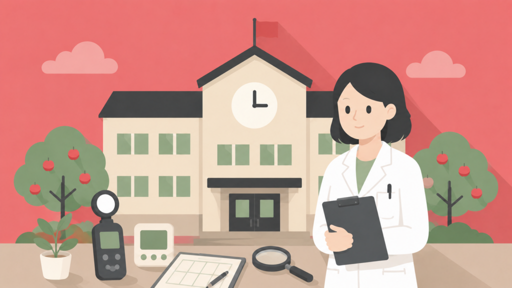 2026年学校環境衛生基準改正をイメージした学校薬剤師と学校のイラスト