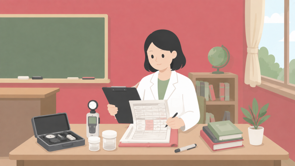 学校薬剤師が2026年版の検査票や記録を確認しているイメージ