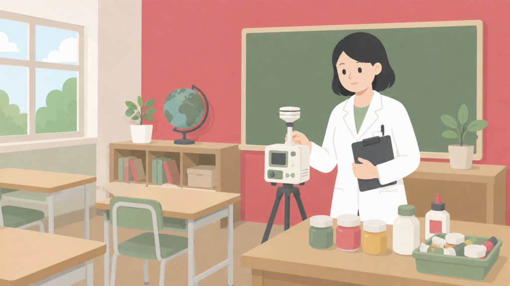 学校薬剤師が教室でVOCや化学物質に関する確認を行うイメージ