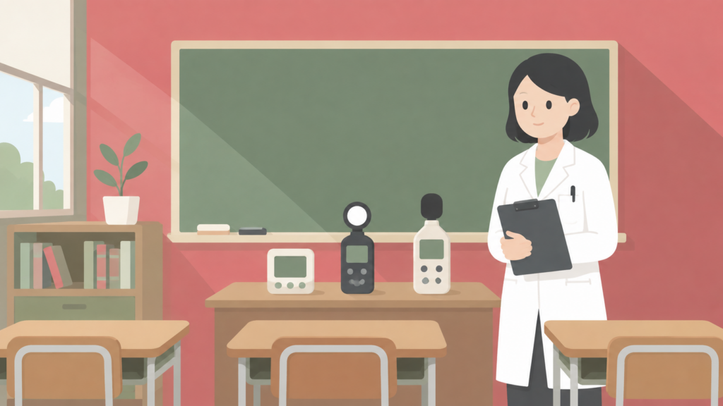 学校薬剤師が行う教室の空気環境・照度検査のイメージ