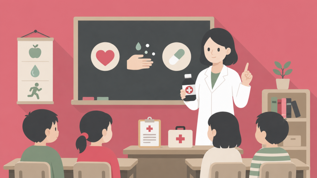 学校薬剤師が子どもたちへ健康教育を行うイメージ