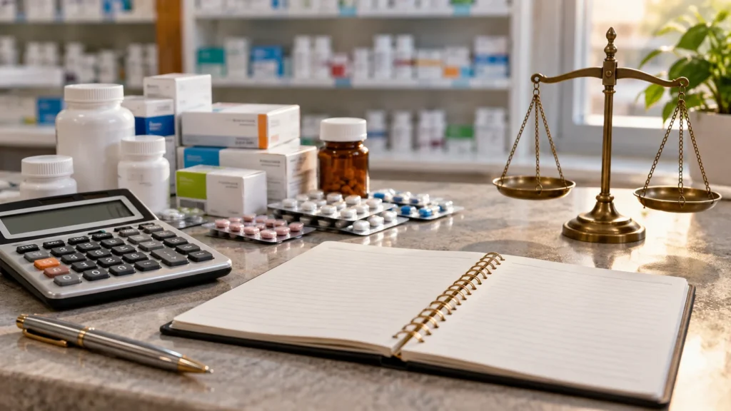 医薬品と計算機、天秤が置かれた薬局の机