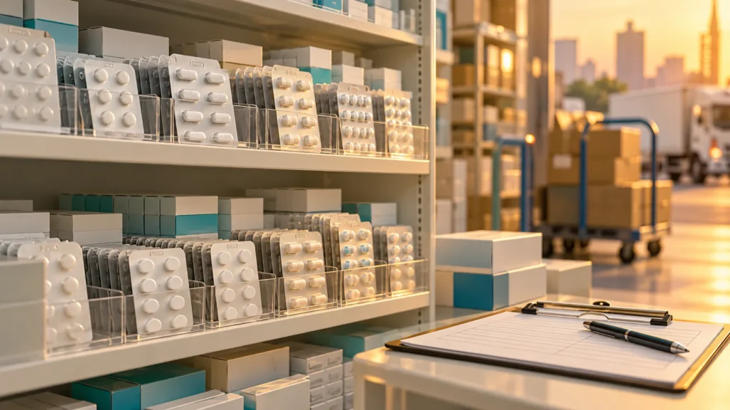 薬局の薬棚と医薬品の入荷状況を確認する記録用紙のイメージ