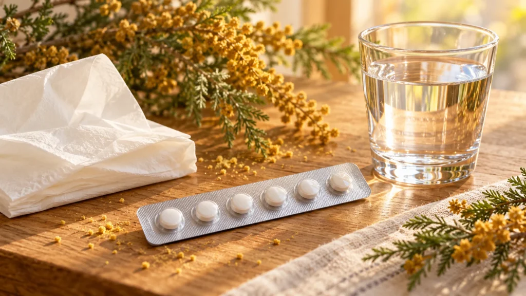 花粉の季節とアレルギー薬をイメージした錠剤と水