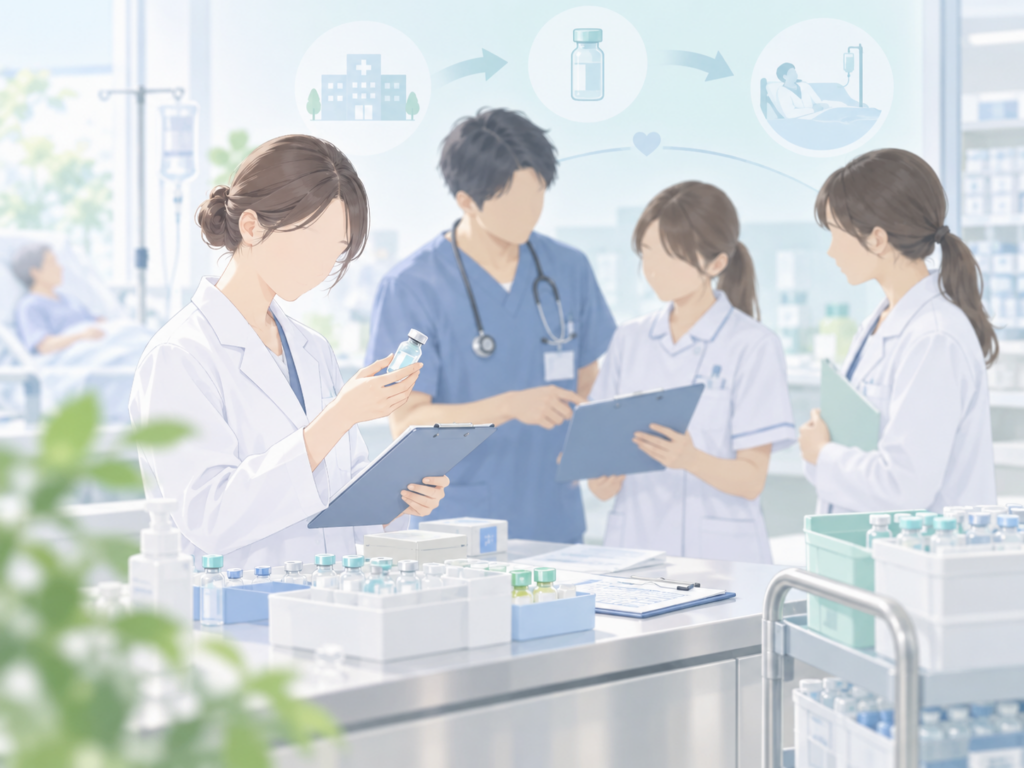 バイオシミラーの供給状況を病院と薬局で確認する薬剤師のイメージ