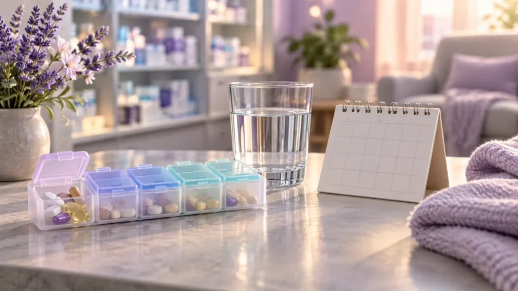 がん治療中の服薬と便通管理をイメージした薬と水