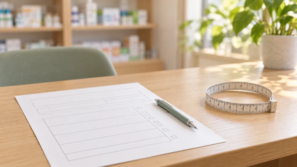 フレイルチェックの質問票と指輪っかテストをイメージした薬局の相談机
