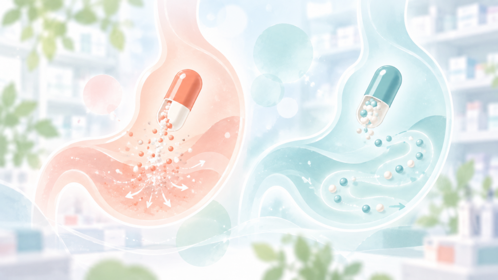 徐放性製剤と普通製剤の放出の違いをイメージしたやわらかい比較イラスト