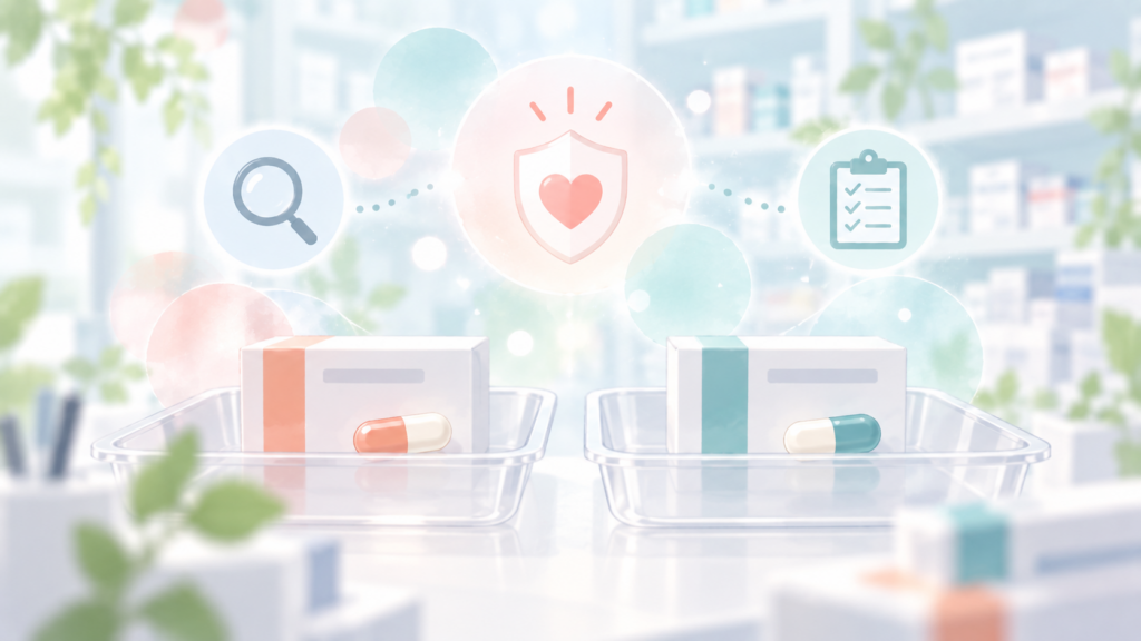 薬剤の仕分けと取り違え防止をイメージしたやわらかい薬局イラスト