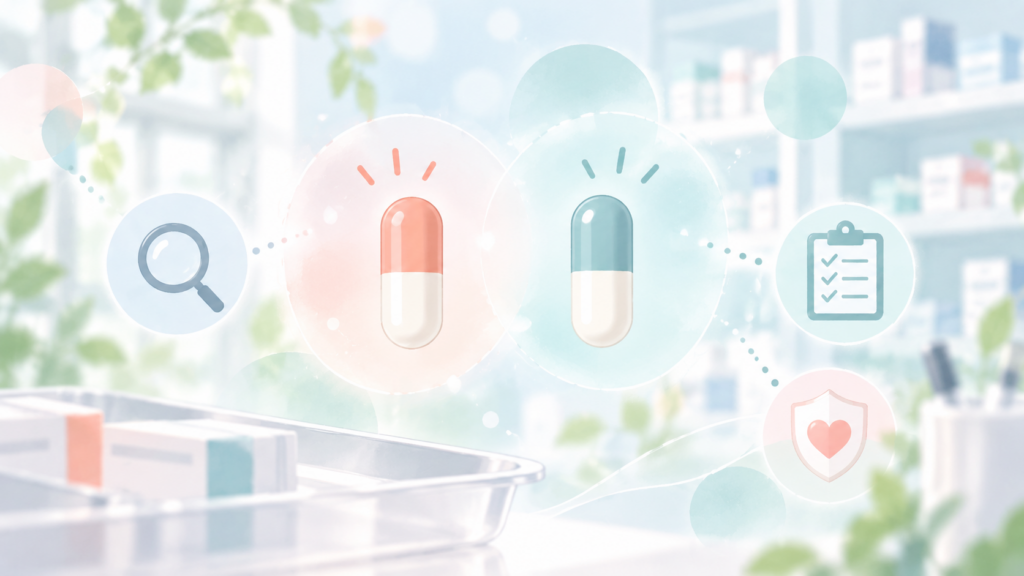 グラセプターとタクロリムス製剤の取り違え注意をイメージしたカプセル比較のやわらかい医療イラスト