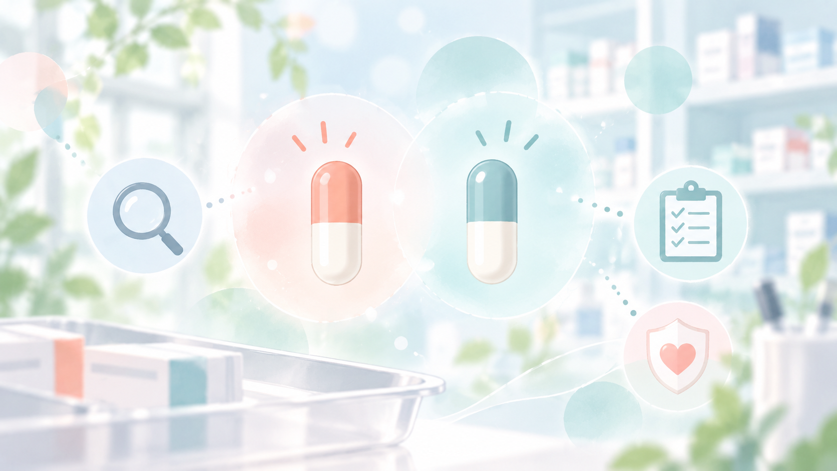 グラセプターとタクロリムス製剤の取り違え注意をイメージしたカプセル比較のやわらかい医療イラスト