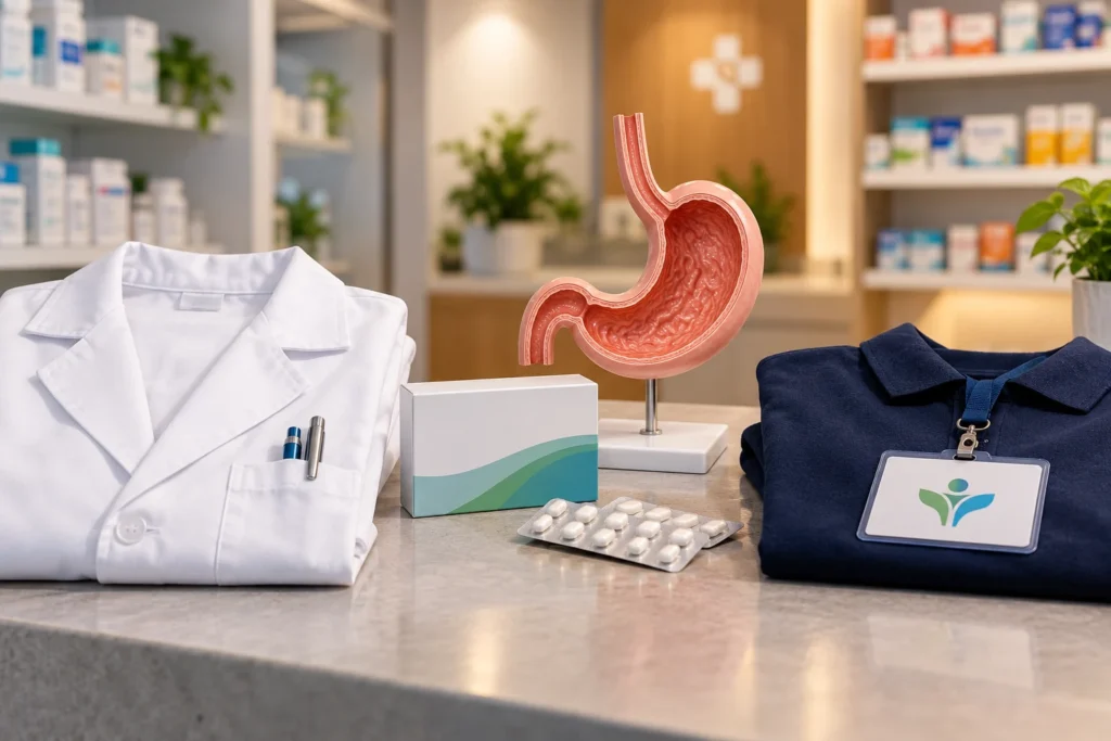 薬剤師と登録販売者の相談を表す薬局カウンター