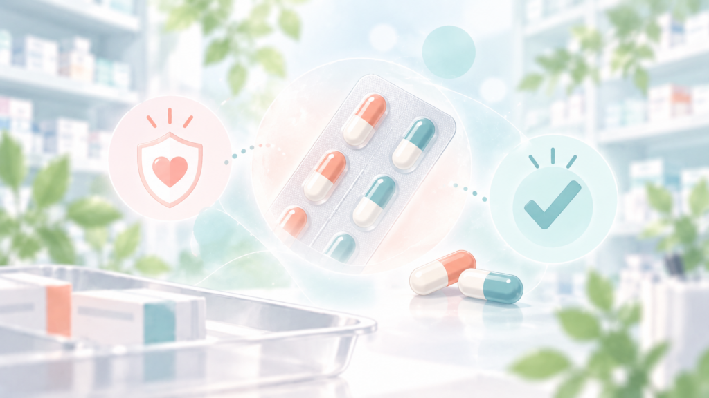 カプセル剤の安全確認と服薬チェックをイメージしたやわらかい医療イラスト