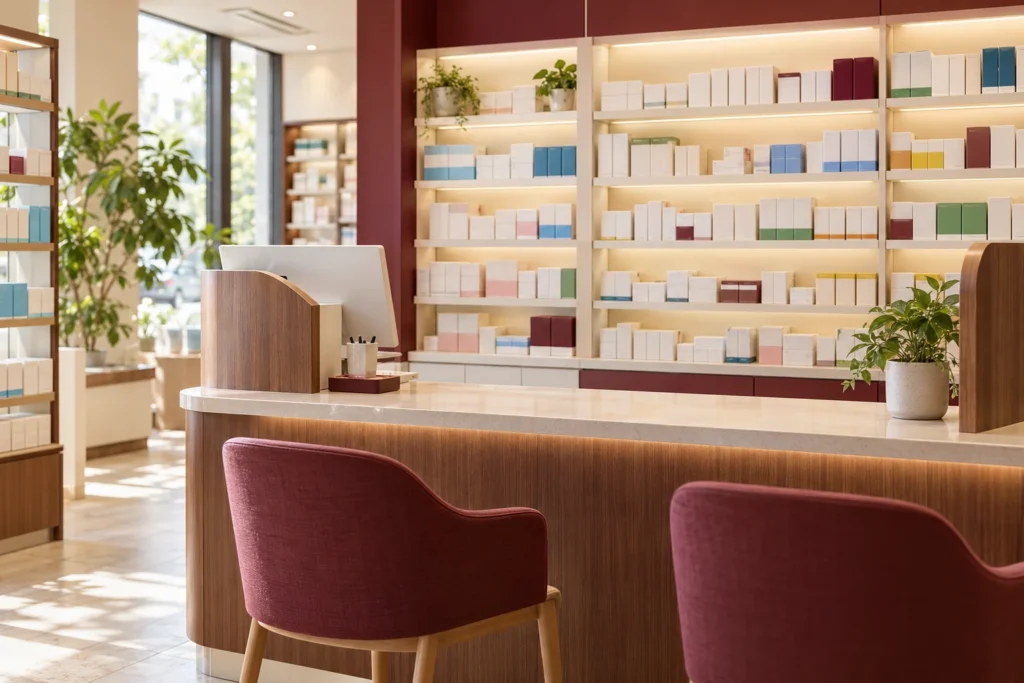 OTC医薬品の棚と相談カウンターがある薬局売場のイメージ