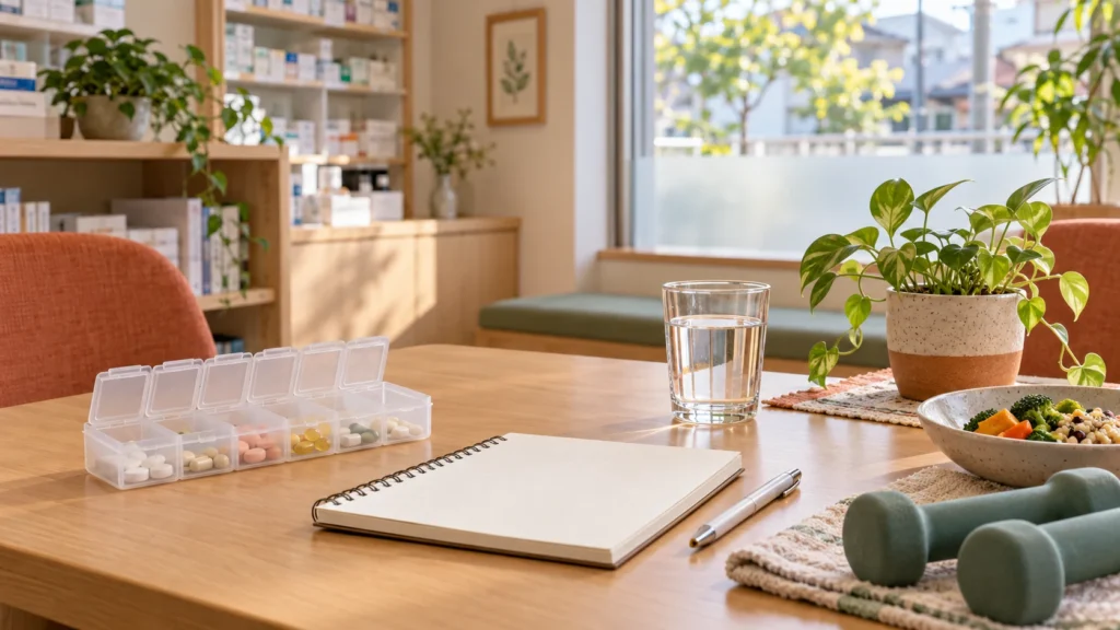 服薬・食事・運動を一緒に考える薬剤師の健康相談をイメージした机