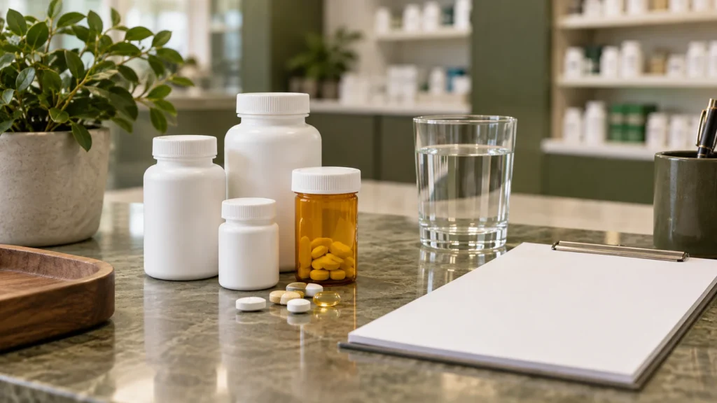 薬局で便秘薬の処方と残薬を確認する場面のイメージ