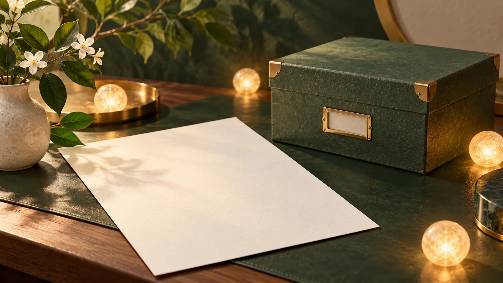 紙の処方箋を連想させる白い書類、端正な保管箱、5つの柔らかな光点