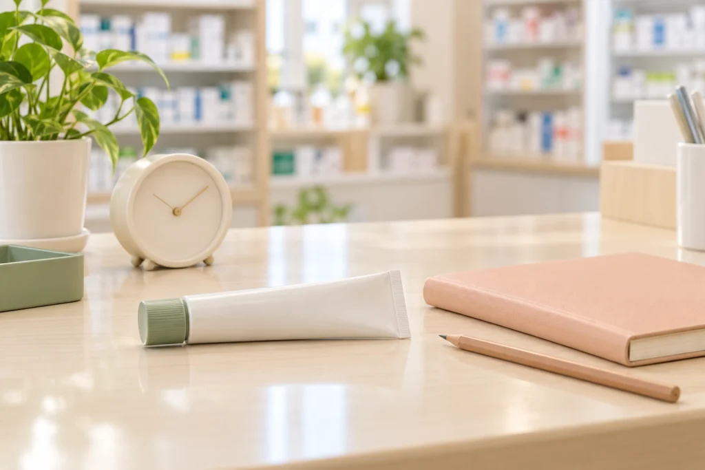 外用薬の使用状況確認をイメージした薬局の机と軟膏