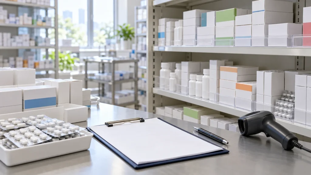 薬局で医薬品の在庫と代替銘柄を確認するための棚と記録用紙