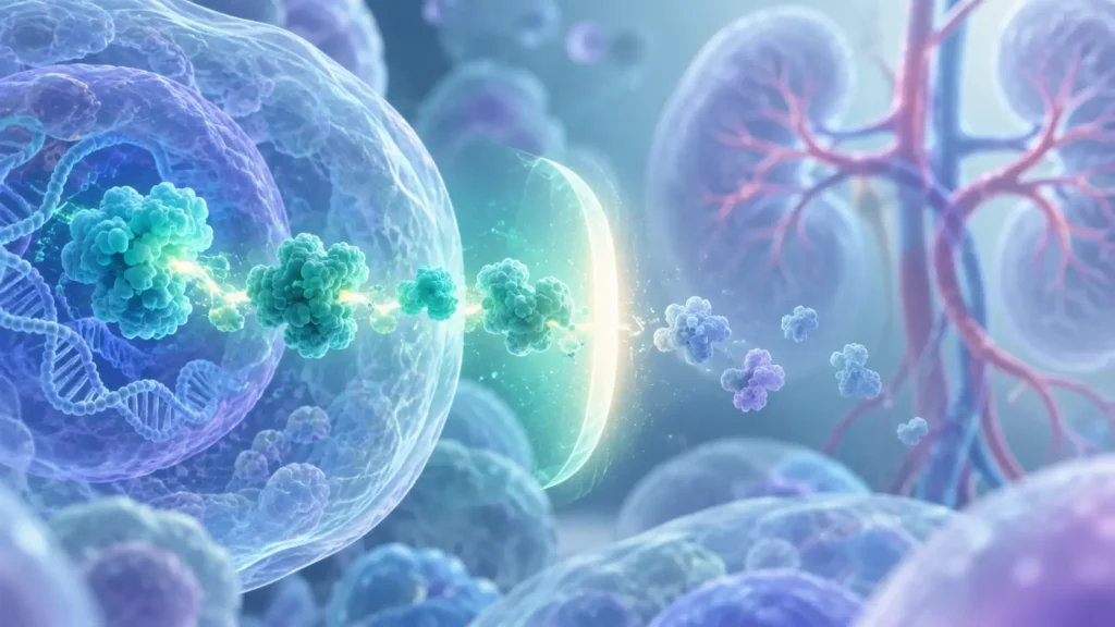 ウェリレグがHIF-2αの働きを阻害する作用機序を表現した抽象画像