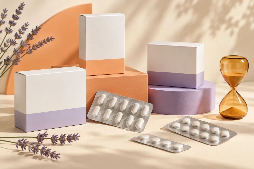 医薬品の通常出荷への移行と供給期限をイメージした薬箱と砂時計