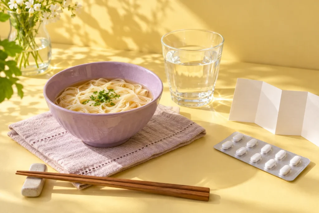 吐き気がある時の食事と服薬をイメージした麺類、水、薬の静物