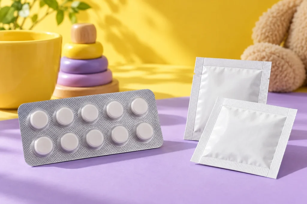 黄色とラベンダー色の背景に並べた錠剤のPTPシートと細粒の薬袋