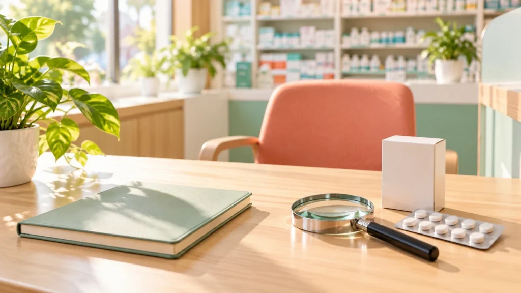 薬の確認と患者相談をイメージした薬局の机と虫眼鏡