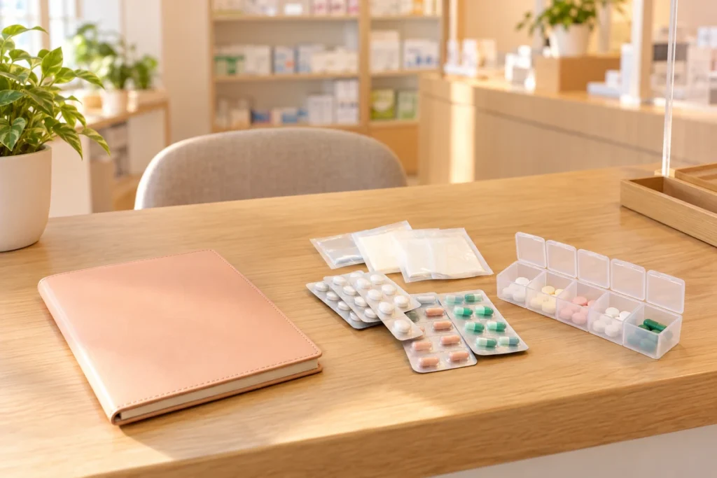 お薬手帳と薬の整理用品を置いた薬局の相談デスク