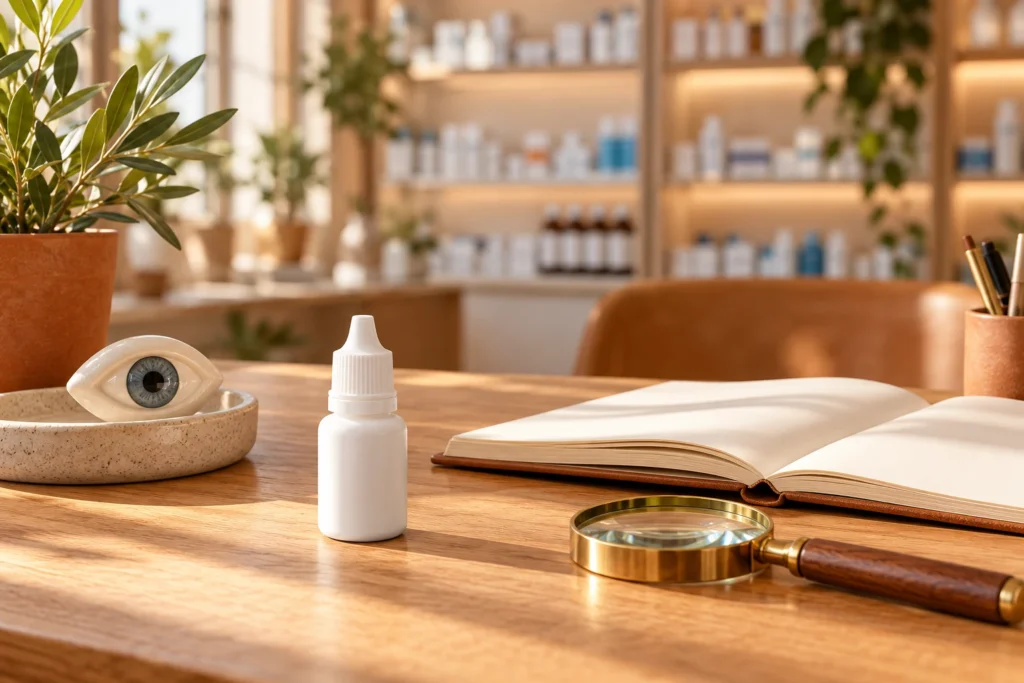点眼薬とノートを置いた薬局の相談卓