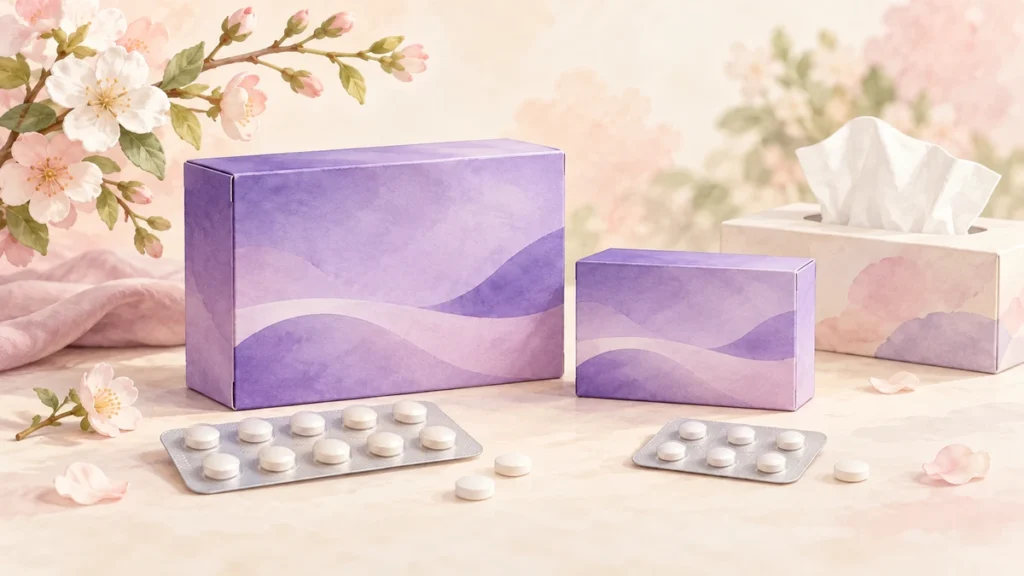 大小の薬箱と錠剤で表した成人用と小児用のアレルギー専用鼻炎薬