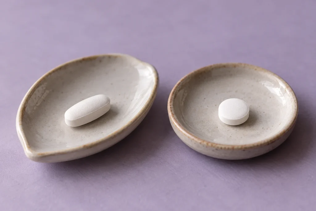 二つの陶器皿に異なる形の錠剤を並べた経口片頭痛薬の比較イメージ