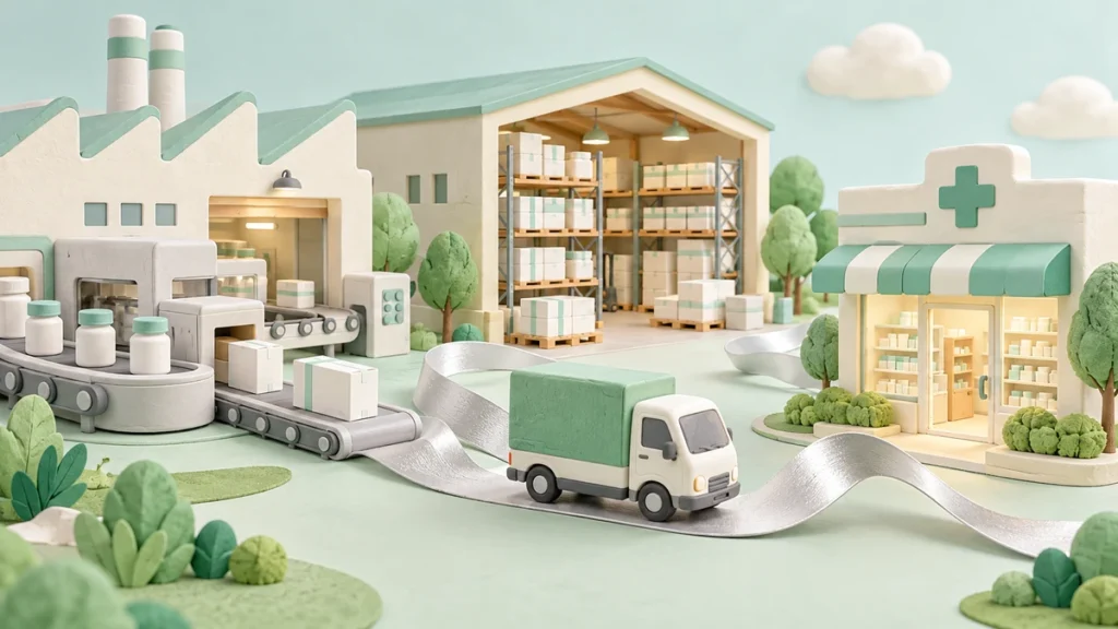 工場、倉庫、配送車、薬局をリボンでつないだ医薬品供給のイメージ