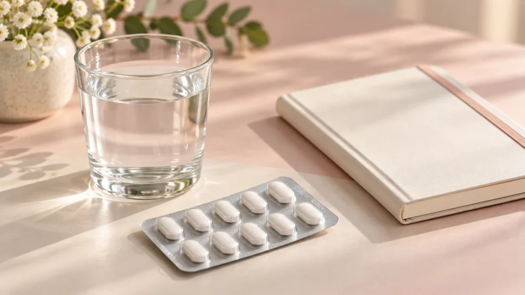 服薬相談をイメージした錠剤と水、ノート