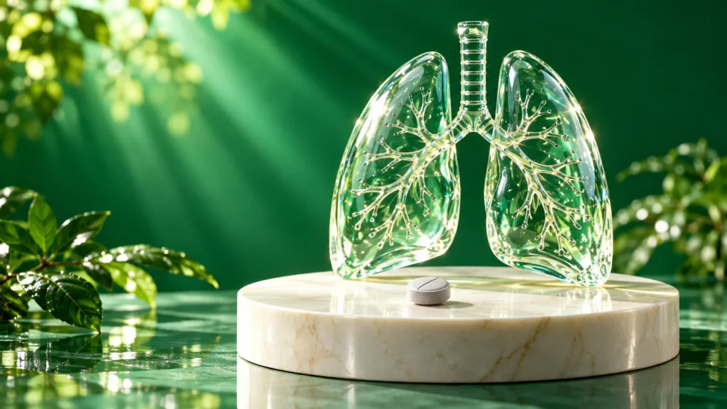 鮮やかな緑を背景にしたガラスの肺と錠剤のイメージ
