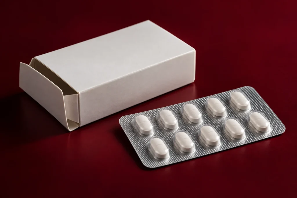 深い赤色の背景に置いた薬箱とPTPシートのイメージ