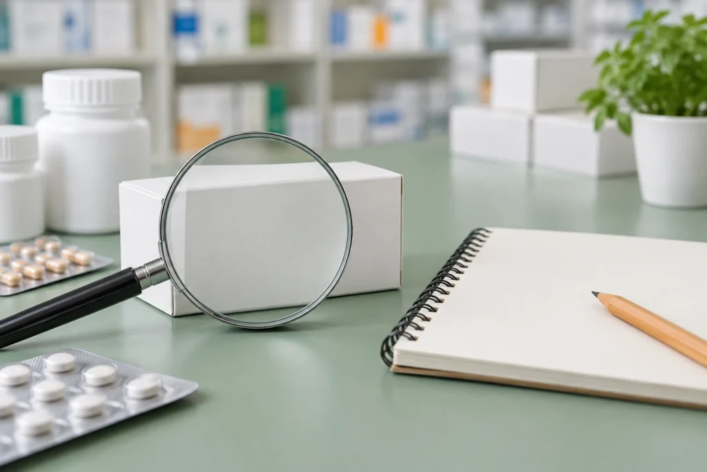 薬箱と虫眼鏡、ノートを用いた在庫確認のイメージ