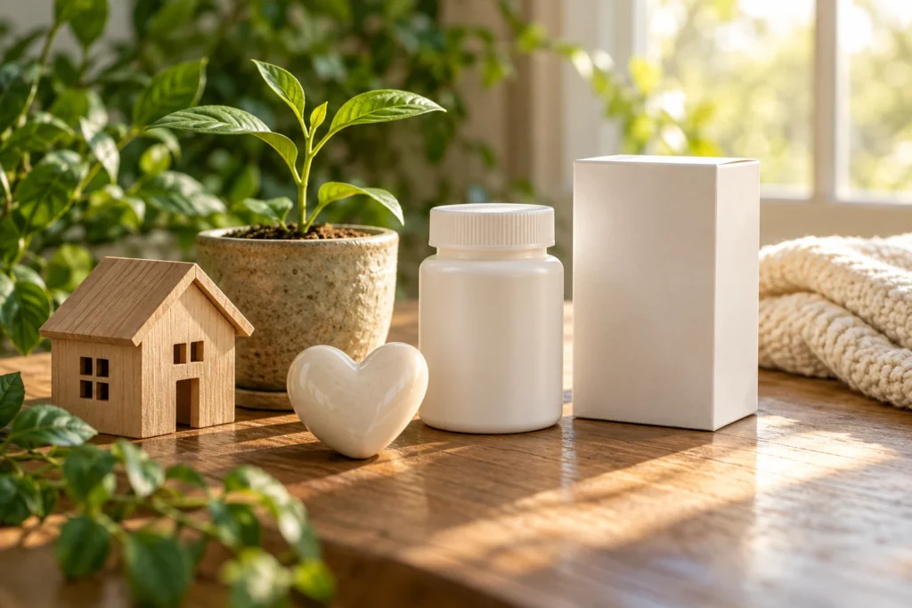 小さな家とハート、薬箱と植物で、継続する患者支援を表した静物