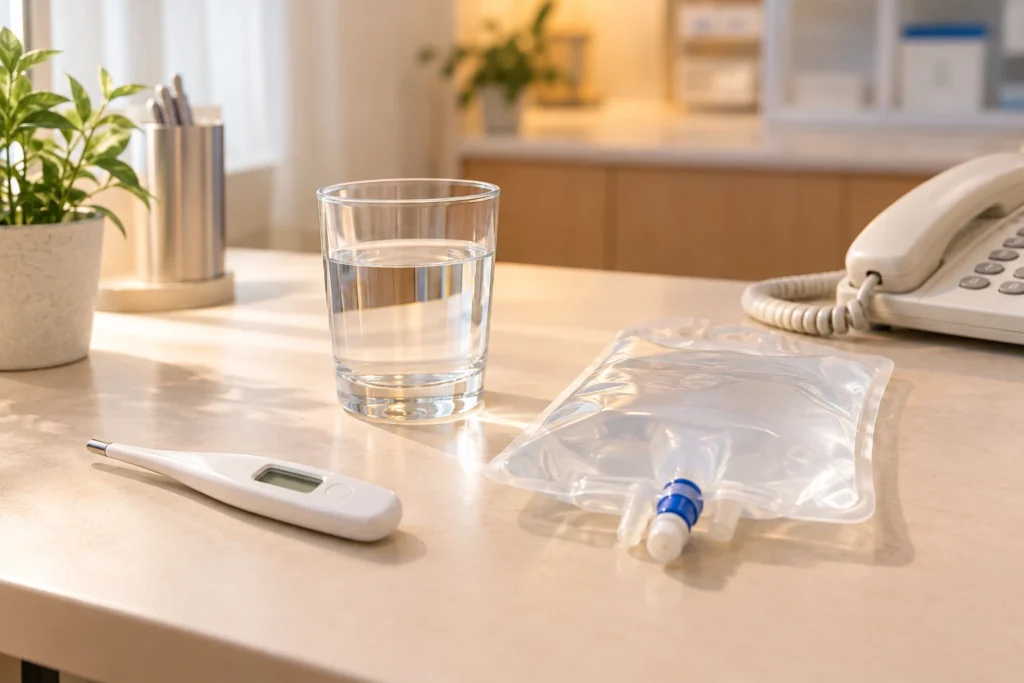 体温計と透明な医療用バッグ、電話を配した自宅療養と薬局フォローのイメージ