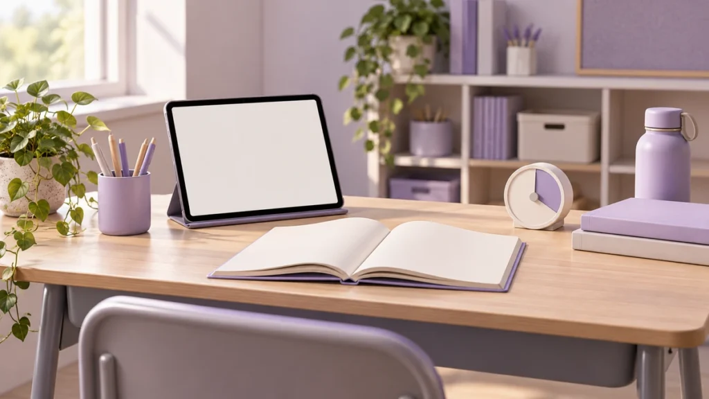 スタンドに置いたタブレットと本、タイマーを並べた学習机