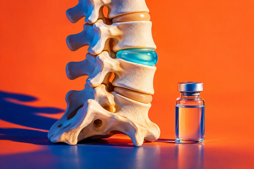 鮮やかなオレンジ背景に置かれた腰椎模型と注射薬のイメージ