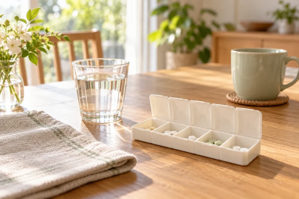 継続的な服薬を支える薬箱と水と家庭の落ち着いた食卓