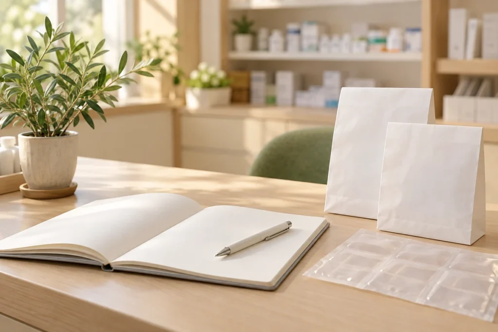 費用や服薬を相談できる薬局の机と薬袋と開いたノート